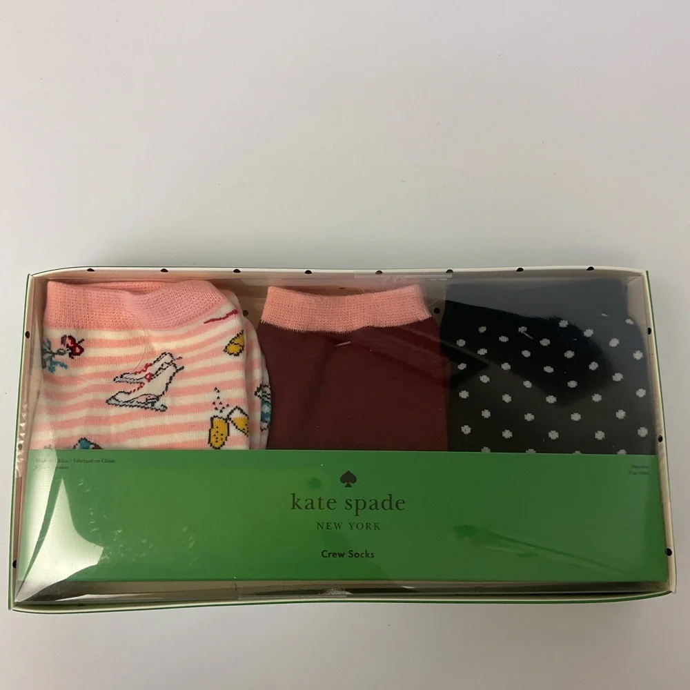 KATE SPADE 3 PAIR PACK COTTON BLEND CREW SOCKS MULTI PATTERN OS NWT